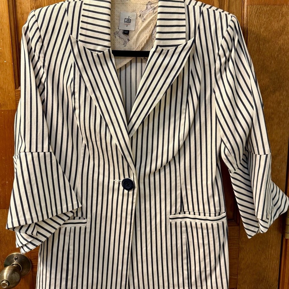 Striped Navy and White Women's Blazer with Tulip Sleeves